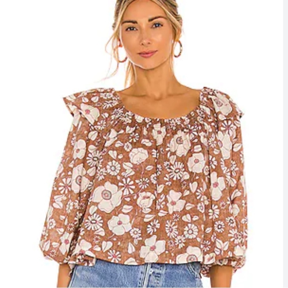 Free People Miss Daisy Ruffle Print Top Brown Vintage Combo Floral Boho Size XS